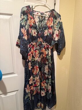 Johnny Was Navy Floral V-Neck Dress with Multicolor Print